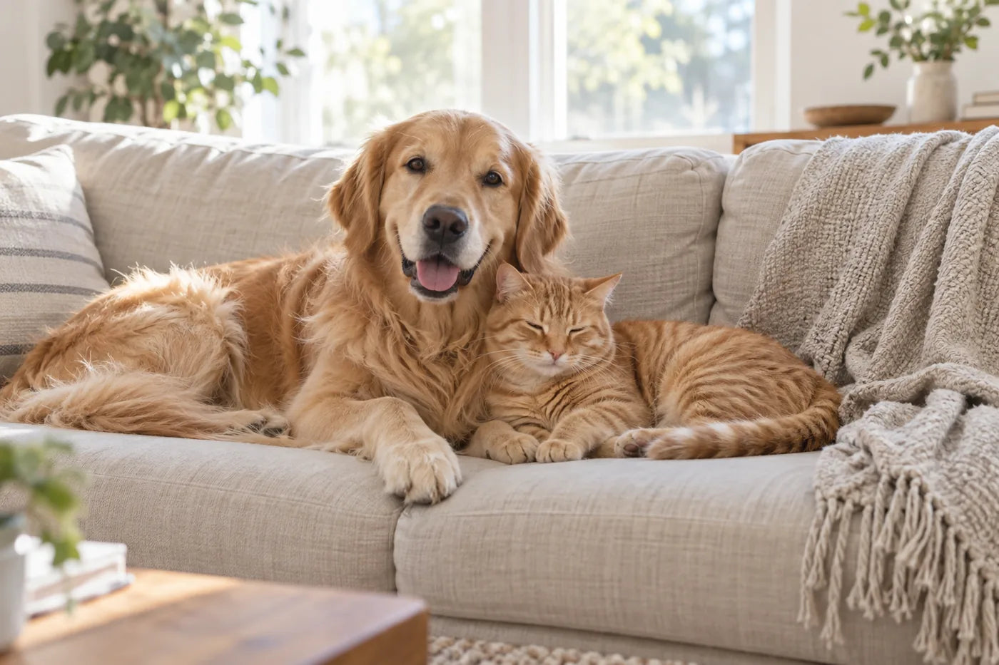 A golden retriever and an orange tabby resting together on a sofa.