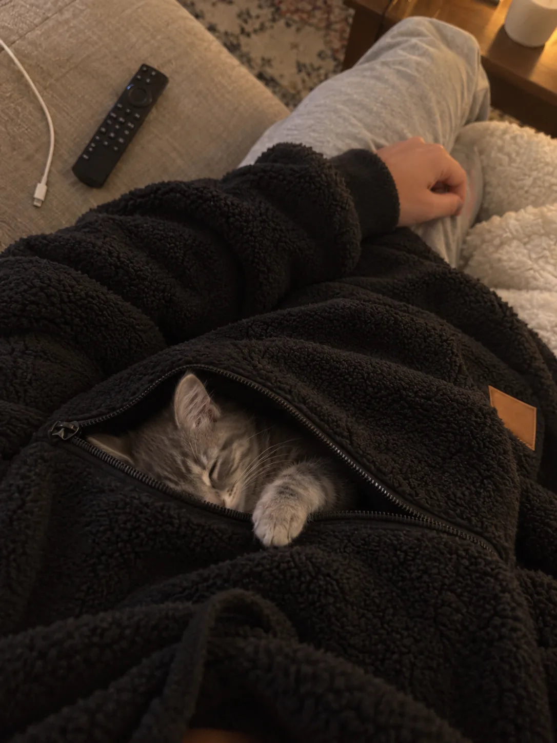 Pet Mom Fleece Hoodie in use at home.